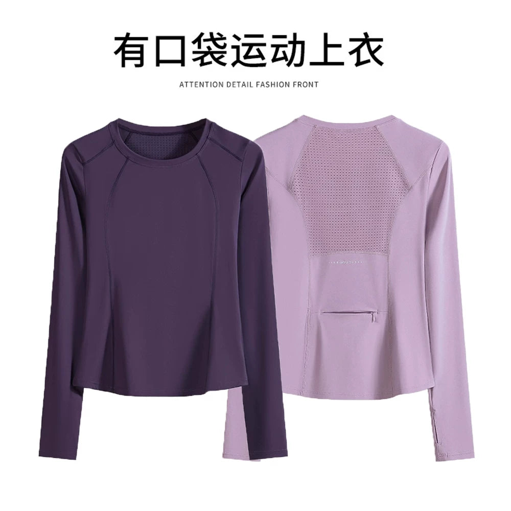 Women's Breathable Mesh Yoga Top with Pockets, Quick-Dry Long Sleeve Running Shirt for Fitness & Exercise