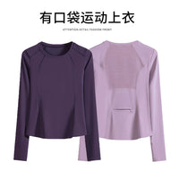 Women's Breathable Mesh Yoga Top with Pockets, Quick-Dry Long Sleeve Running Shirt for Fitness & Exercise