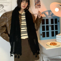 Floral Tassel Hollow Knit Scarf for Women, Thin Korean Style Solid Color Warm Neck Wrap