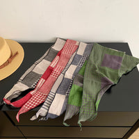 Vintage Cotton Linen Plaid Triangle Scarf Double-Sided Neck Protection Windproof Shawl Headscarf