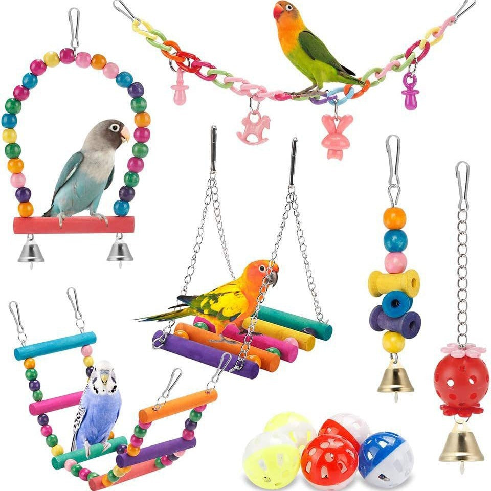 11-Piece Parrot Toy Set Bird Cage Accessories with Ladder Swing Hanging Ring and Plastic Intelligence Ball