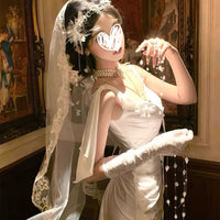 Gothic Lolita White Lace Veil & Gloves Set for Halloween Cosplay