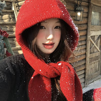 Korean Style Knitted Beanie Hat with Integrated Scarf for Winter, Fashionable Warm Ear Protection