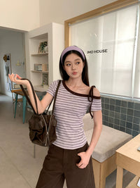 Women's Striped Off-Shoulder Short Sleeve T-Shirt