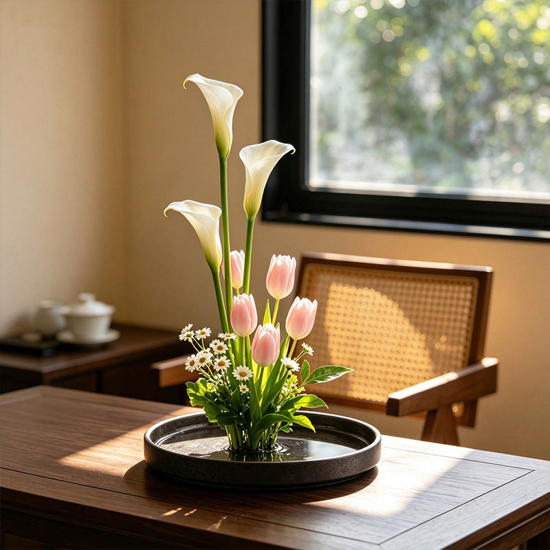 Japanese Wabi-Sabi Style Ceramic Flower Pot with Kenzan - Round Black Shallow Dish for Hydroponics & Home Decor