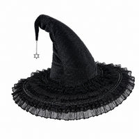Gothic Lolita Witch Hat Velvet Lace Wide Brim Pointed Hat with Bow for Halloween Cosplay Party