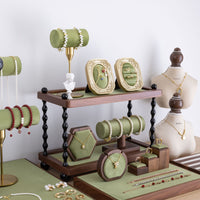 Walnut & Green Velvet Jewelry Display Stand Set for Necklaces, Bracelets, Rings