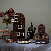 Vintage Walnut Wood Jewelry Display Stand Set for Earrings, Necklaces, Bracelets, and Rings