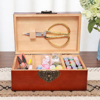 Vintage Hollow Carved Wooden Sewing Box Kit with Tools and Accessories for Cross Stitch and Home Use