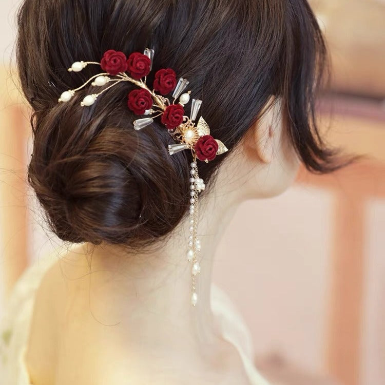 Red Rose Hairpin Tassel Side Clip for Cheongsam Hanfu Daily Wear