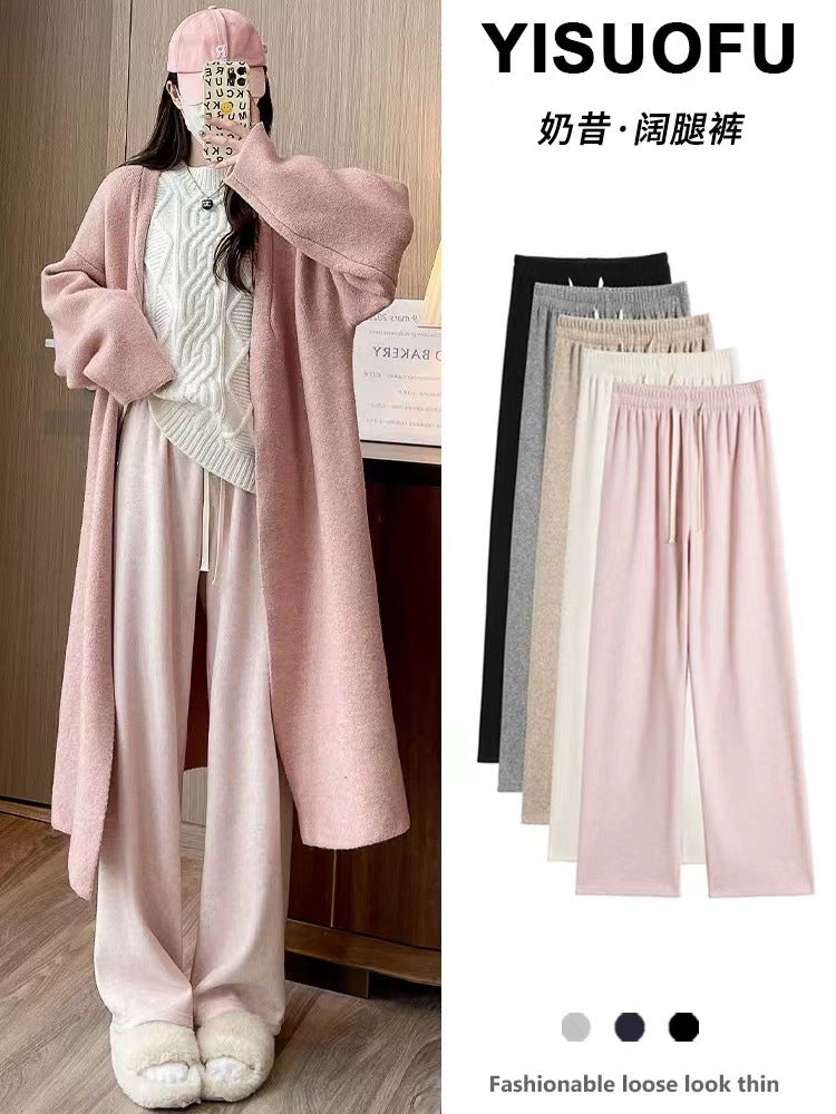 Women's Fleece-Lined Knit Wide-Leg Pants - Casual Straight-Leg Trousers with Drape