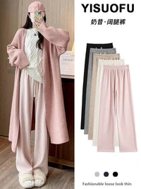 Women's Fleece-Lined Knit Wide-Leg Pants - Casual Straight-Leg Trousers with Drape