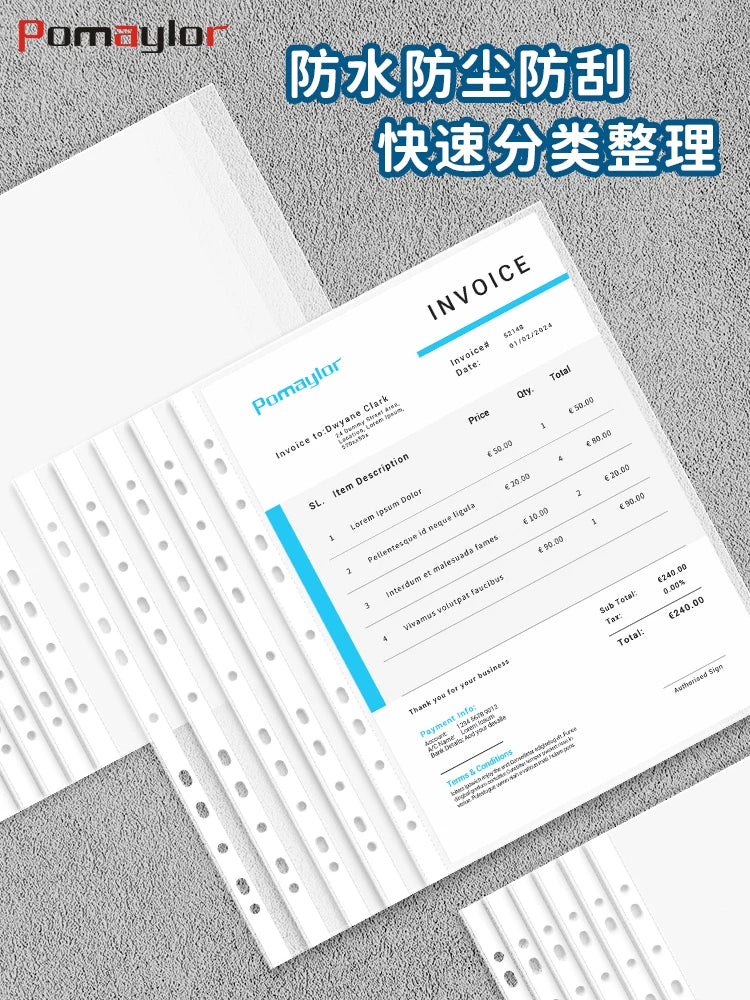 Bomeile 11-Hole A4 Clear Document Protector Sheets, Plastic Film Folder Inserts, Waterproof Punch Pockets for Files