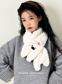 Cute Cartoon Plush Westie Dog / Cat Scarf & Gloves Set for Women, Thickened Warm Winter Accessories