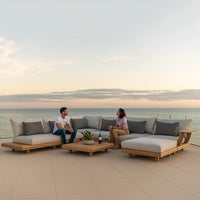 Outdoor Teak Sofa Set with Coffee Table, Nordic Solid Wood Woven Rattan Lounge Furniture for Patio Garden