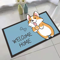 Cartoon Corgi Welcome Home Crystal Velvet Pet Mat for Cat Litter Box, Non-Slip Absorbent & Stain-Resistant