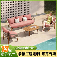 Outdoor Teak Sofa Set with High-Back Rattan Chairs for Patio Villa