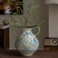 Jingdezhen Ceramic Vase with Double Handles for Dried or Fresh Flowers, New Chinese Style Living Room Entrance Home Decor