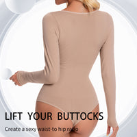 Women's Long Sleeve Low-Cut Bodysuit Shapewear with Tummy Control and Open Crotch