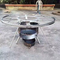 Rotating Campfire Cooking Grill with Adjustable Legs and Multi-functional Pot Rack