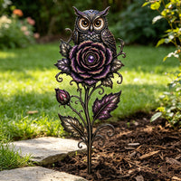 Rose Owl Garden Stake Metal Outdoor Yard Art Decor