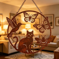 Rusted Metal Cat, Bird, Butterfly, Bee Garden Decor - Weatherproof Steel Outdoor Wall Art
