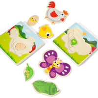 Wooden Multi-Layer Growth Puzzle for Kids - Rooster and Butterfly Educational Toy