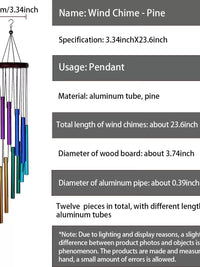 12-Tube Wind Chime Outdoor Patio Balcony Hanging Ornament Metal Tubes Colorful Bedroom New Camping Clear Bell Home Decor