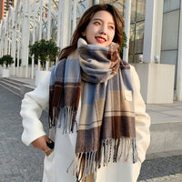Korean Style Plaid Scarf for Women, Thickened Warm Imitation Cashmere Shawl with Tassels