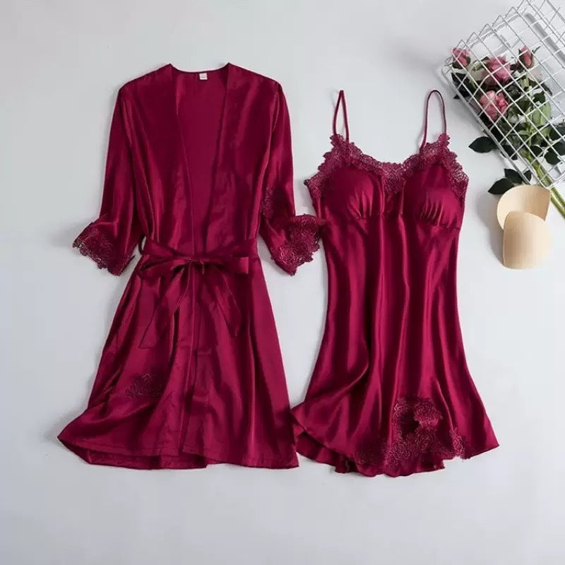 Women's Satin Pajama Set with Robe and Padded Chemise