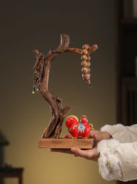 Solid Wood Bracelet & Key Holder with Monk Figurine, Jewelry Display Stand