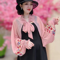 Embroidered Chiffon Sun Protection Shawl with Tie Cuffs