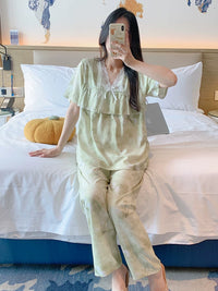 Women's Cotton Rayon Ruffle Pajama Set Short Sleeve Top and Shorts for Summer