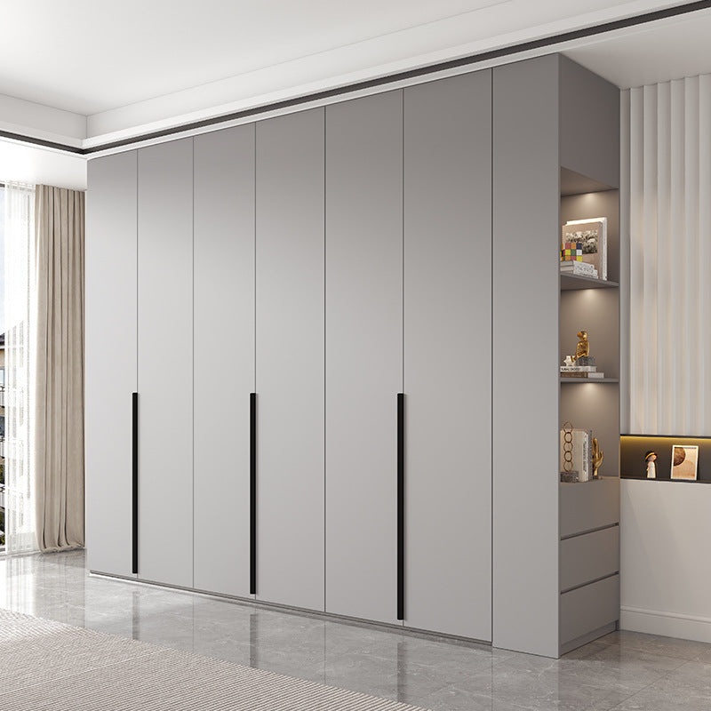 Minimalist Wardrobe Bedroom Home Gray Finished Combination Hanging Area Multi-Hinged Door Armoire Solid Wood Particle Board