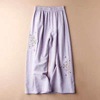 Women's Cotton Linen Embroidered Wide-Leg Cropped Pants