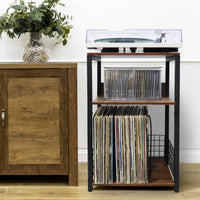 Vintage Record Player Stand with 3-Tier Storage for Vinyl Records and CDs