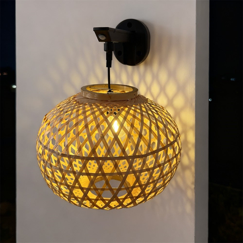 Solar Powered Bamboo Lantern Wall Light for Outdoor Garden & Courtyard Decor