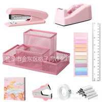 Macaron Color Desktop Office Stationery Set with Metal Pen Holder, Stapler, and Tape Dispenser