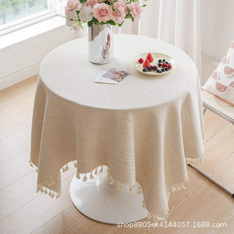 Japanese Art Style Striped Cotton Linen Hollow Tablecloth Tea Cover Cloth Square Solid Color Elegant