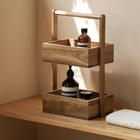 Wooden Desktop Cosmetic and Jewelry Storage Box with Double Layer for Vanity and Bedroom