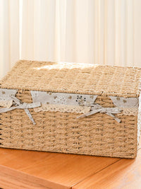 Woven Storage Basket with Lid for Desk, Snacks, Cosmetics, and Sundries