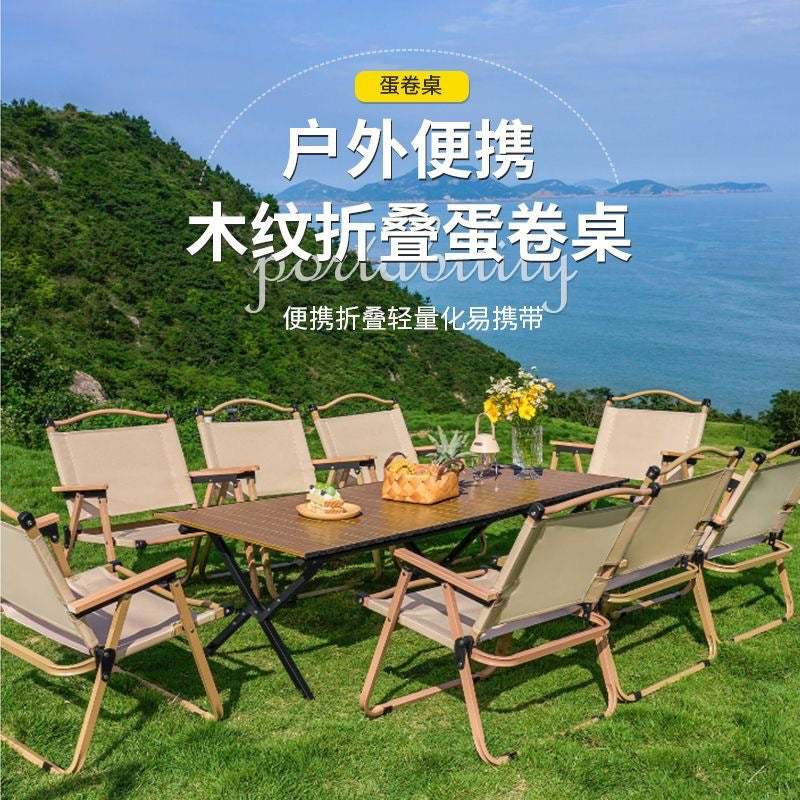 Portable Wood Grain Roll-Up Camping Table for 4-6 People, Double-Layer Outdoor Picnic Table