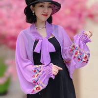 Embroidered Chiffon Sun Protection Shawl with Tie Cuffs