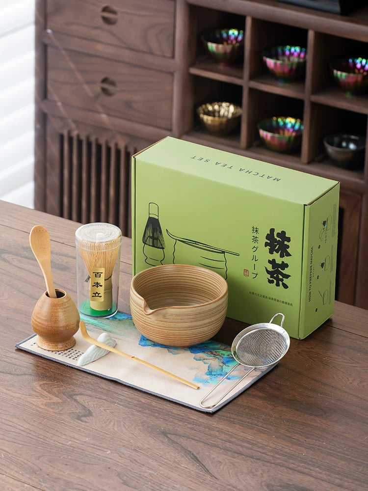 Japanese Style Matcha Bowl and Whisk Holder Set - Kiln Glazed Ceramic Tea Ceremony Kit
