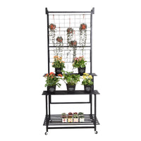 Multi-Tier Rolling Iron Plant Stand with Trellis for Indoor/Outdoor Use