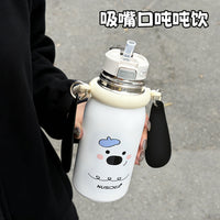 Cute Puppy 316 Stainless Steel Insulated Water Bottle with Handle and Dual-Drink Straw