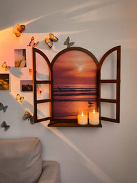 Creative Faux Window Wall Decor with Scenic Oil Painting Inserts for Living Room Art Background