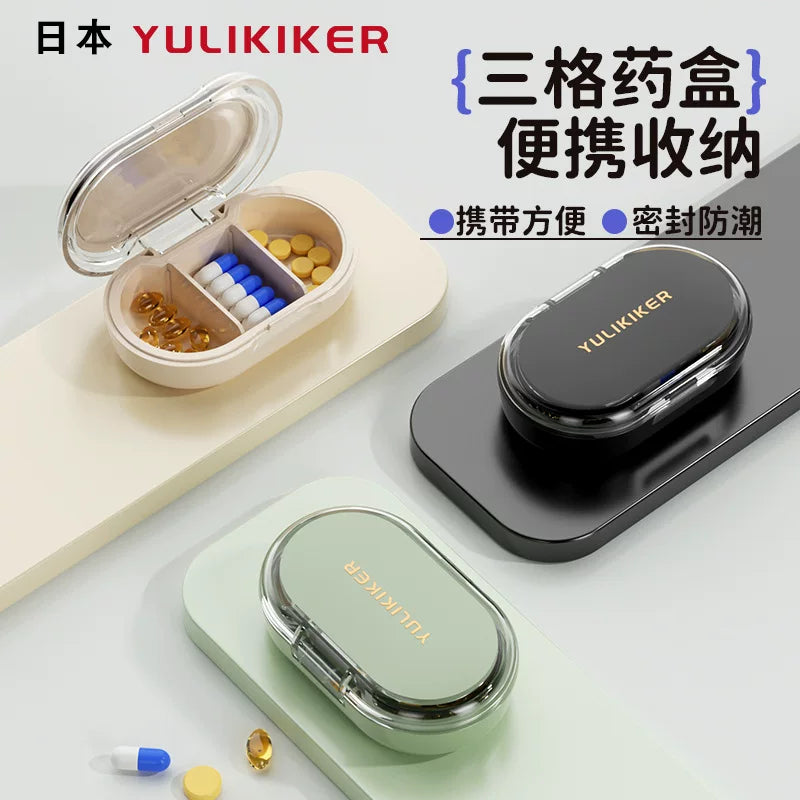 Portable Japanese-Style 3-Compartment Pill Box with Moisture-Proof Seal for Travel
