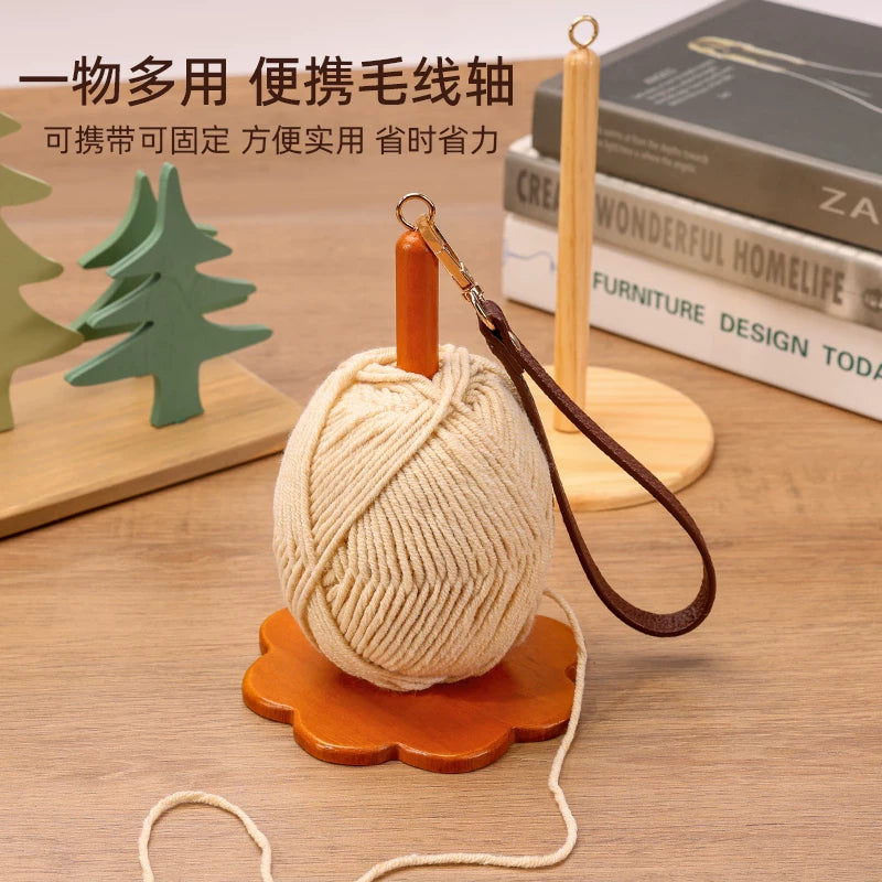 Portable Wooden Yarn Holder with Leather Wrist Strap for Knitting and Crocheting