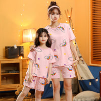 Kids' Cotton Short Sleeve Pajama Set, Thin Summer Cartoon Print Mother-Daughter Matching Homewear